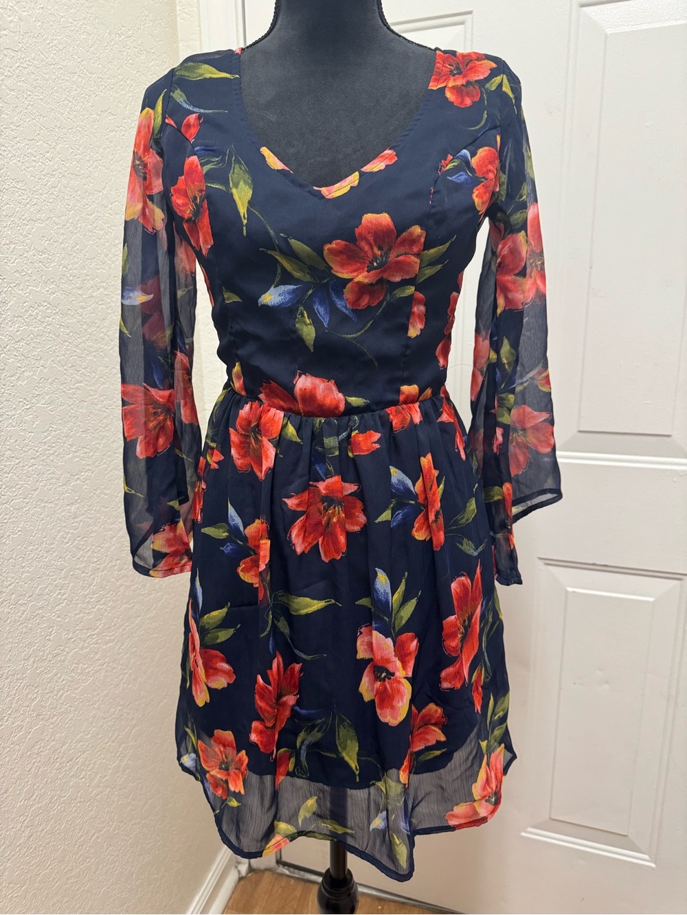 Hollister Navy Long-Sleeve Dress with Red Floral Print